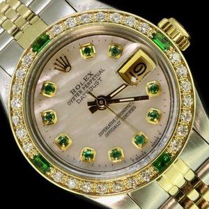 Rolex Ladies Datejust Oyster Gold Stainless Steel Diamond Dial Bezel Emeralds